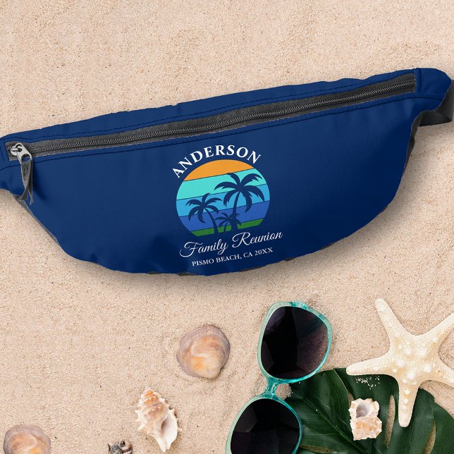 Family Reunion Summer Beach Palm Trees Blue Bum Bags (Customize to change text size, style or background color.)