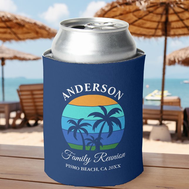 Family Reunion Summer Beach Palm Trees Blue Can Cooler (Customize to change text size or text style.)