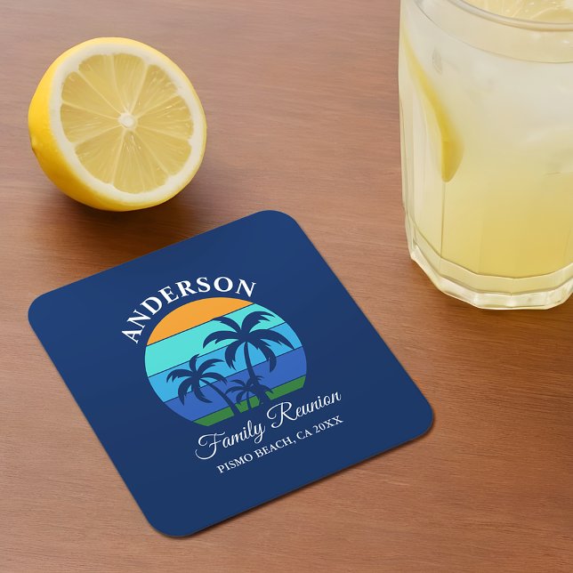Family Reunion Summer Beach Palm Trees Blue Square Paper Coaster (Customize to change text size, style or background color.)