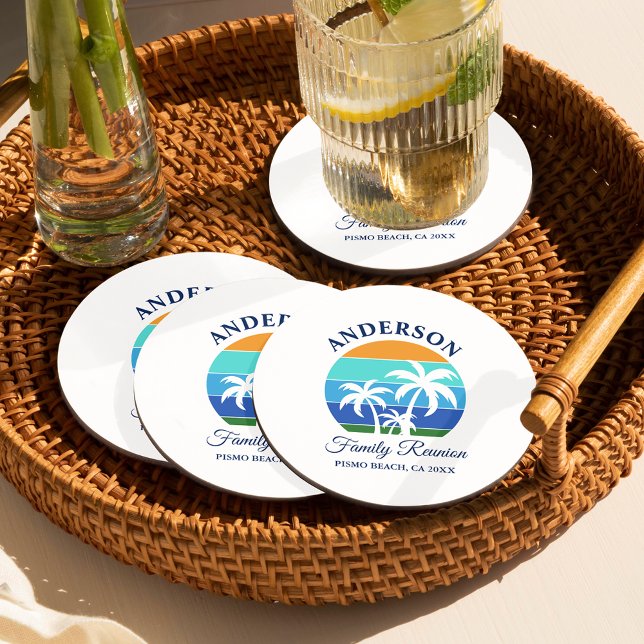 Family Reunion Summer Beach Palm Trees Round Paper Coaster (Customize to change text size, style or color.)
