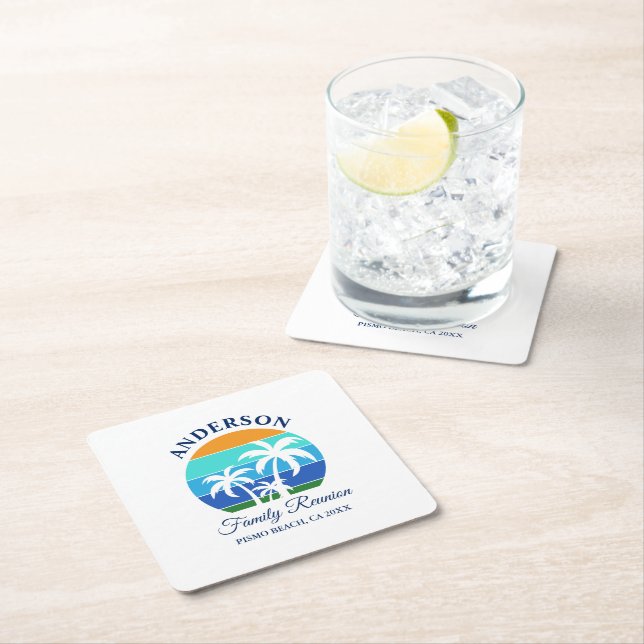 Family Reunion Summer Beach Palm Trees Square Paper Coaster (Insitu)