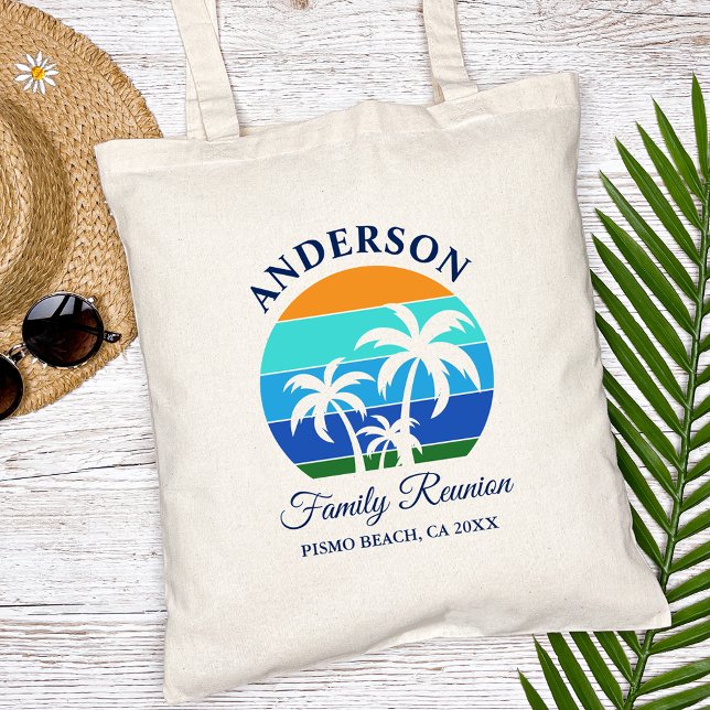 Family Reunion Summer Beach Palm Trees Tote Bag (Customize to change text size, style or color.)