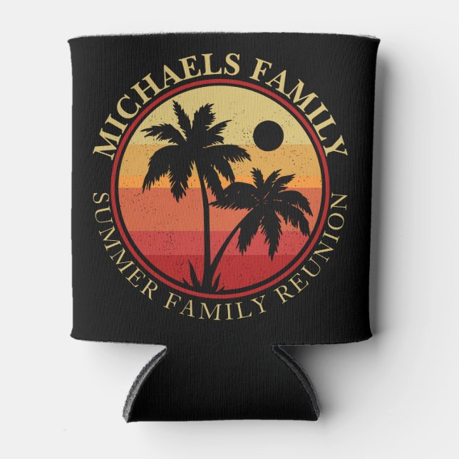 Family Reunion Summer Sunset Beach Palm Tree Can Cooler (Front)