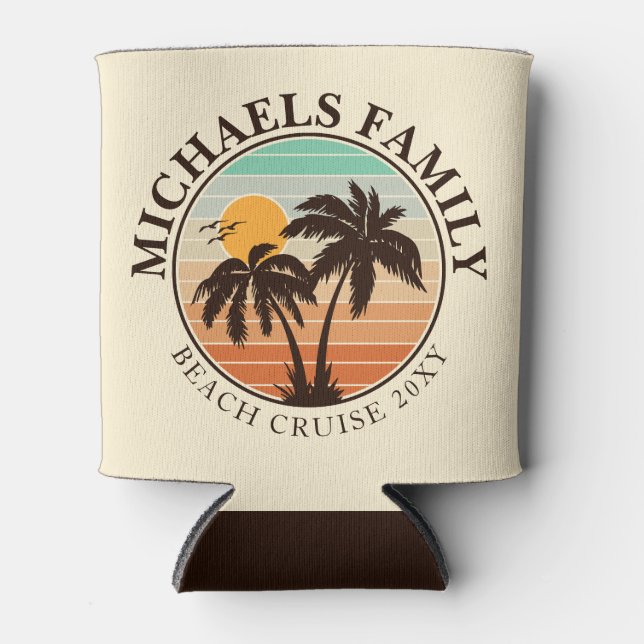 Family Reunion Summer Sunset Beach Palm Trees 60s Can Cooler (Front)