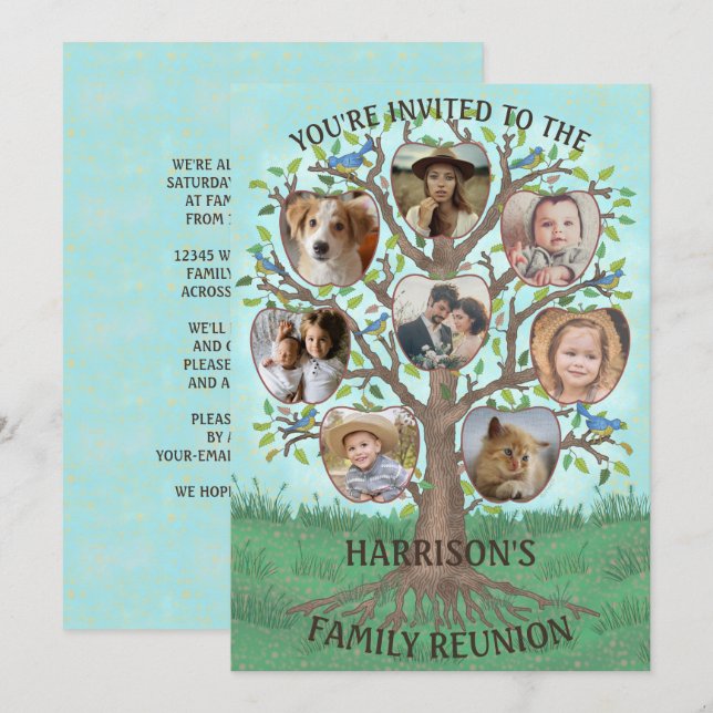 Family Reunion Tree 8 Photo Collage Custom Party Invitation (Front/Back)
