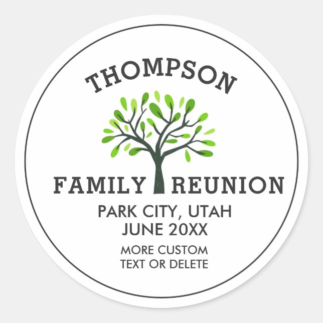 Family Reunion Tree Custom Name, location, date Classic Round Sticker (Front)