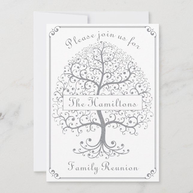 Family Reunion Tree Silver Elegant Modern Simple Invitation (Front)