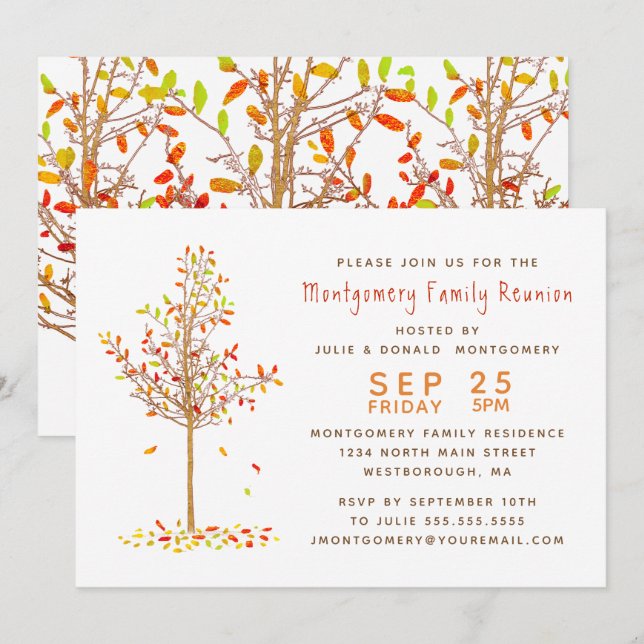 Family Reunion Tree  Watercolor Autumn Leaves Invitation (Front/Back)