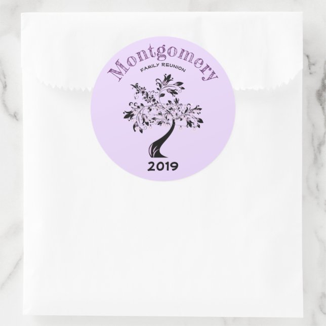 Family Reunion Trendy Purple Black Tree Custom Classic Round Sticker (Bag)