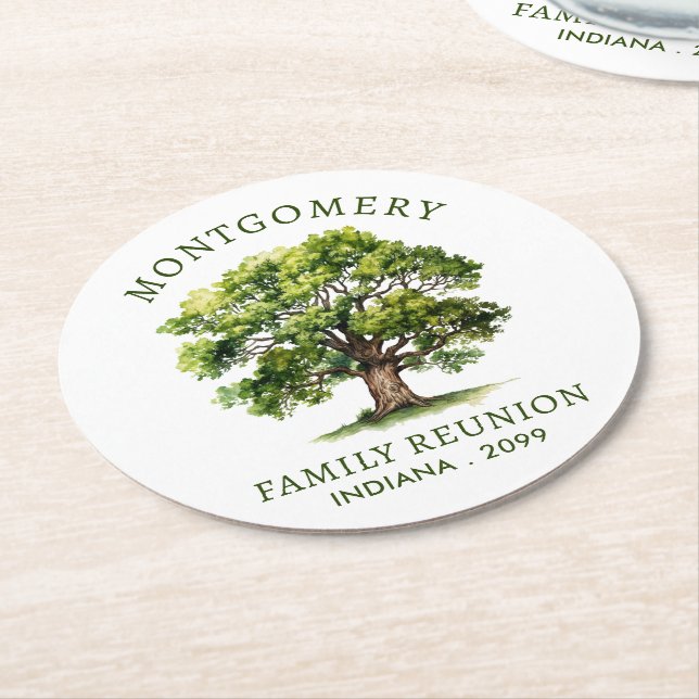 Family Reunion Watercolor Family Tree Round Paper Coaster (Angled)