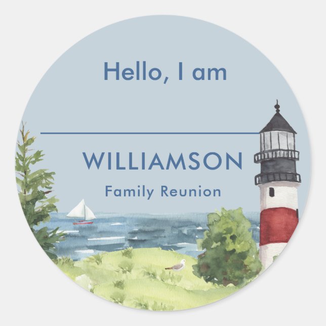Family Reunion Watercolor Lighthouse Name Classic Round Sticker (Front)