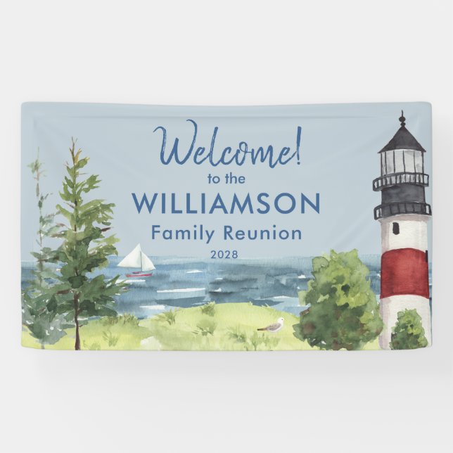 Family Reunion Watercolor Lighthouse Welcome Banner (Horizontal)