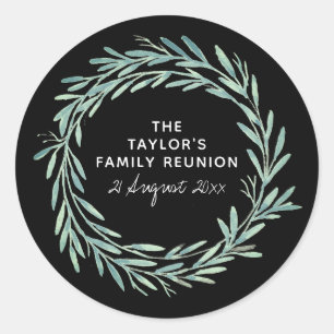 Family Reunion Watercolor Wreath Greenery Black Classic Round Sticker