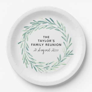 Family Reunion Watercolor Wreath Greenery Foliage Paper Plate