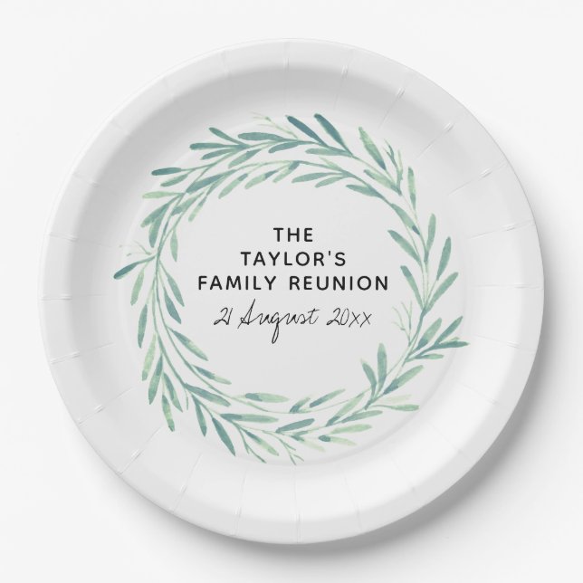 Family Reunion Watercolor Wreath Greenery Foliage Paper Plate (Front)
