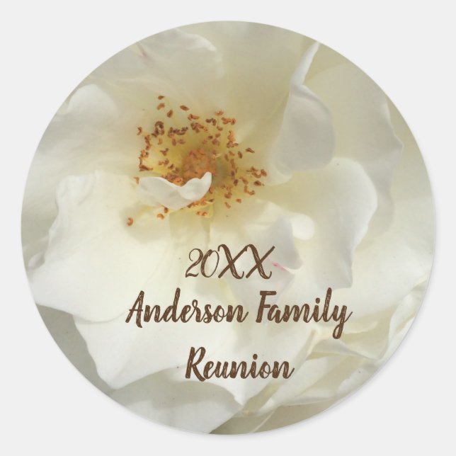 Family Reunion White Rose Photo Floral Gathering Classic Round Sticker (Front)