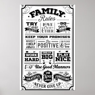 Family Rules Black and White Poster