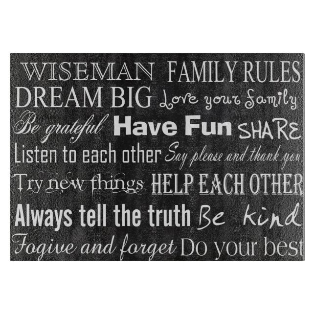 Family Rules Last Name Persona Glass Cutting Board (Front)