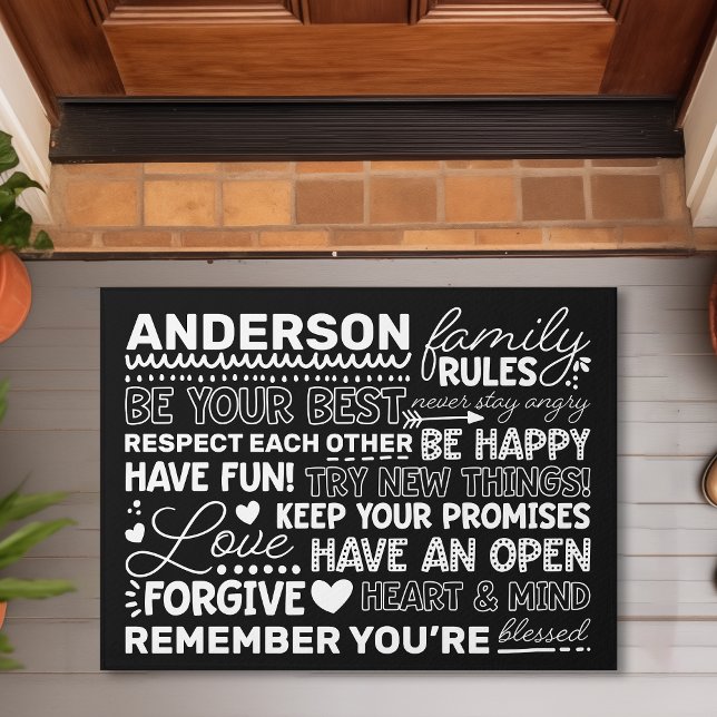 Family Rules Personalised Name Positive Black Doormat (Creator Uploaded)