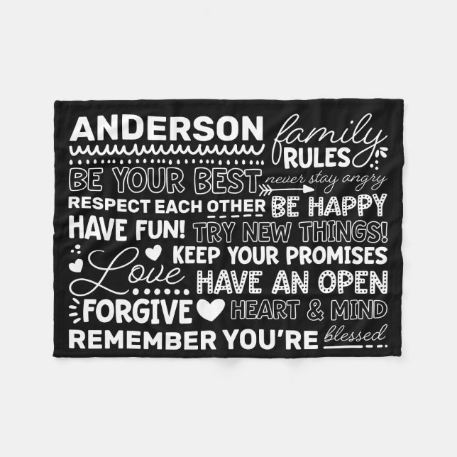 Family Rules Personalised Name Positive Black Fleece Blanket (Front (Horizontal))