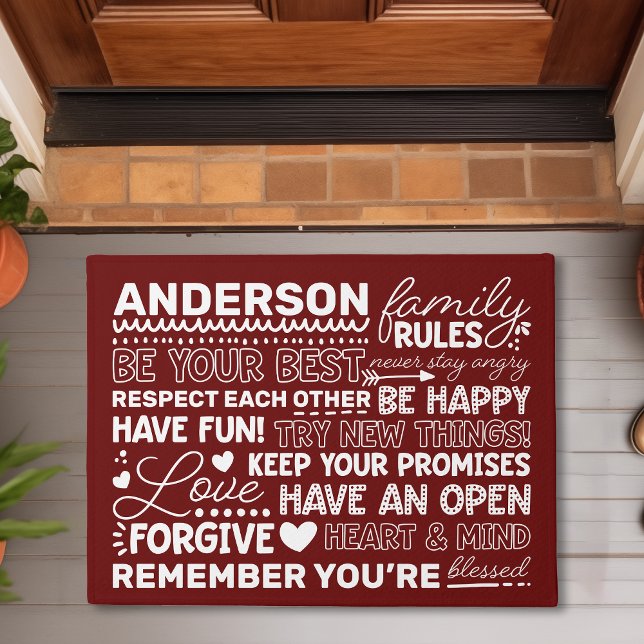 Family Rules Personalised Name Positive Maroon Doormat (Creator Uploaded)