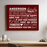 Family Rules Personalised Name Positive Maroon Faux Canvas Print<br><div class="desc">Create a warm and welcoming atmosphere in your home with this personalised maroon canvas print. Featuring a modern design with heartwarming family rules and space to add your family name in white text, this wall art is a beautiful way to celebrate your unique bond. A perfect addition to your living...</div>