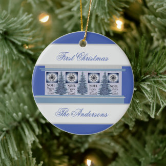 Family’s First Christmas in blues personalized Ceramic Ornament