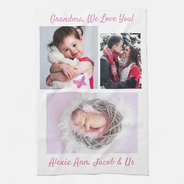 Family says, "I Love You" Grandma, DIY White Pink Tea Towel (Vertical)