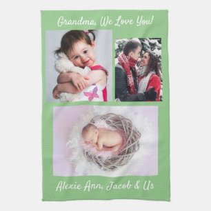 Family says, "I Love You" Grandma Personalise Sage Tea Towel