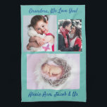 Family says, "I Love You" Grandma Personalise Teal Tea Towel<br><div class="desc">Nothing touches a Grandmother's heart like the Family saying,  "I Love You" with words and pictures. Personalise this teal and deep blue text kitchen towel with your names,  message,  3 photos or art.</div>
