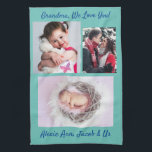 Family says, "I Love You" Grandma Personalise Teal Tea Towel<br><div class="desc">Nothing touches a Grandmother's heart like the Family saying,  "I Love You" with words and pictures. Personalise this teal and deep blue text kitchen towel with your names,  message,  3 photos or art.</div>