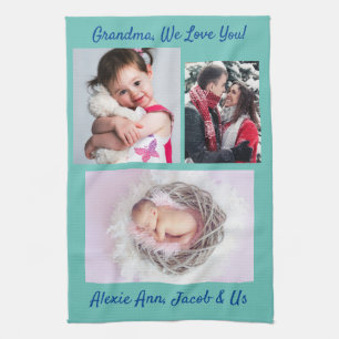 Family says, "I Love You" Grandma Personalise Teal Tea Towel