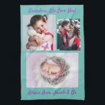 Family says, "I Love You" Grandma Personalise Teal Tea Towel<br><div class="desc">Nothing touches a Grandmother's heart like the Family saying,  "I Love You" with words and pictures. Personalise this Teal and purple text kitchen towel with your names,  message,  3 photos or art.</div>