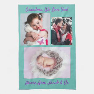 Family says, "I Love You" Grandma Personalise Teal Tea Towel