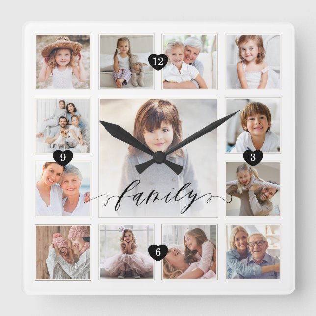 Family Script Family Memory Photo Grid Collage Square Wall Clock (Front)