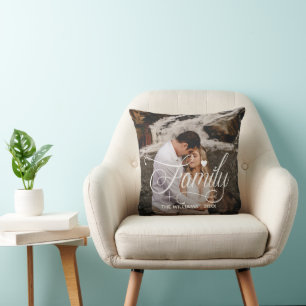 Family Script Heart  Text Overlay 2 Photos Cushion