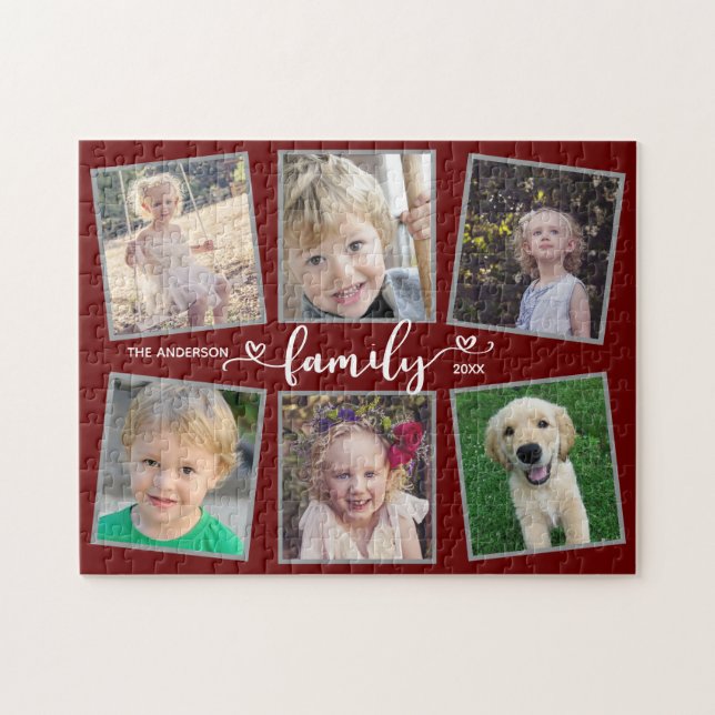 Family Script Hearts Dark Red Photo Collage Jigsaw Puzzle (Horizontal)