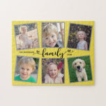 Family Script Hearts Yellow Photo Collage Jigsaw Puzzle<br><div class="desc">This yellow and grey photo puzzle is a fun gift for any family. It offers 6 photo frames for pictures of children and family members and is accented with the text "family" appearing modern heart calligraphy. The background is yellow.</div>