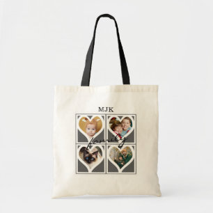 FAMILY Script Title Photo Collage Monogram Name Tote Bag