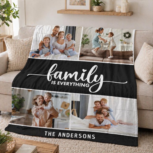 Family Script Typography Photo Collage Fleece Blanket (An elegant family photo keepsake blanket. Makes a great gift, especially for Mother's day.)