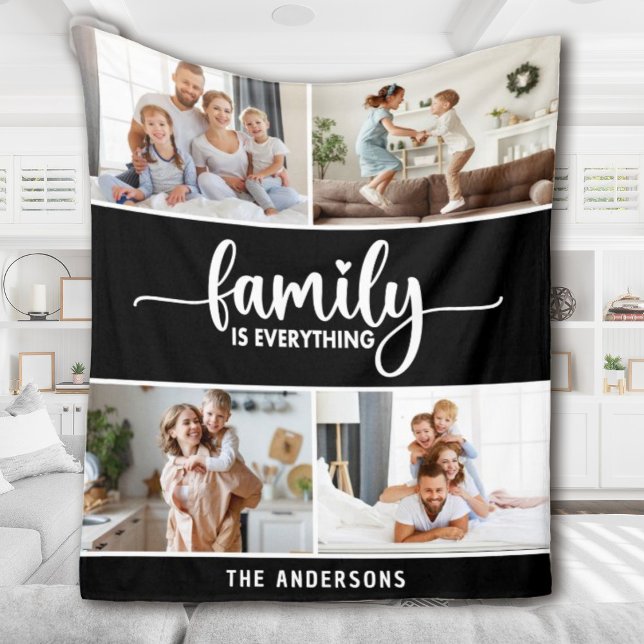 Family Script Typography Photo Collage Fleece Blanket (an elegant family photo keepsake blanket. Personalize it with your photos and name.)