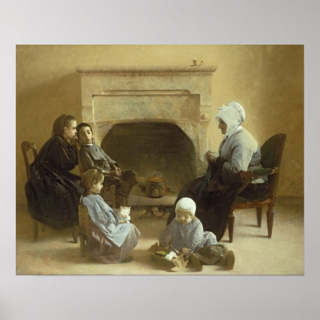 Family seated around a hearth poster (Front)