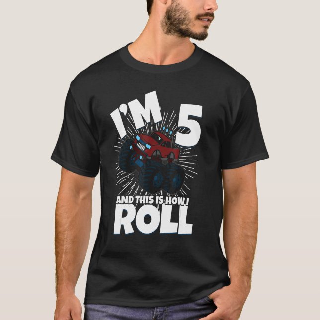 Family Siblings Monster Trucks Birthday I Am Five  T-Shirt (Front)