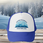 Family Ski Trip Custom Colorado City Blue Mountain Trucker Hat<br><div class="desc">Customised hat for your ski getaway to the Colorado mountains during your winter vacation. This cool skiing trip cap features a cute drawing of snow capped mountains and a blue landscape. A great nature design for an outdoors loving family for their nature expedition.</div>