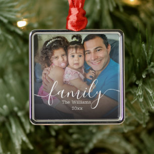 family,stylish script minimal faded photo metal ornament