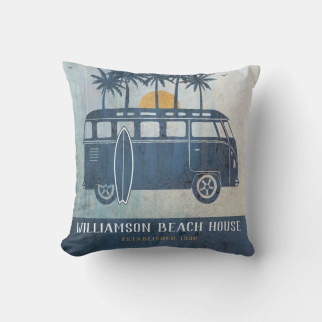 Family Summer Beach House Retro Van Monogrammed Cushion (Front)
