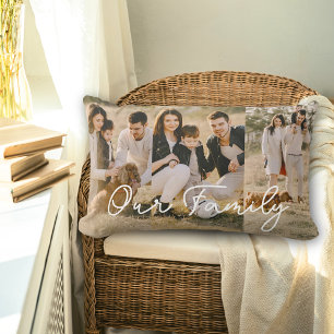 Family Text Overlay Photo Collage Script Lumbar Cushion