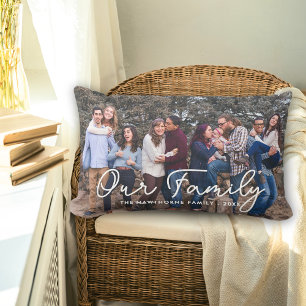 Family Text Overlay Photo Script Typography Lumbar Cushion