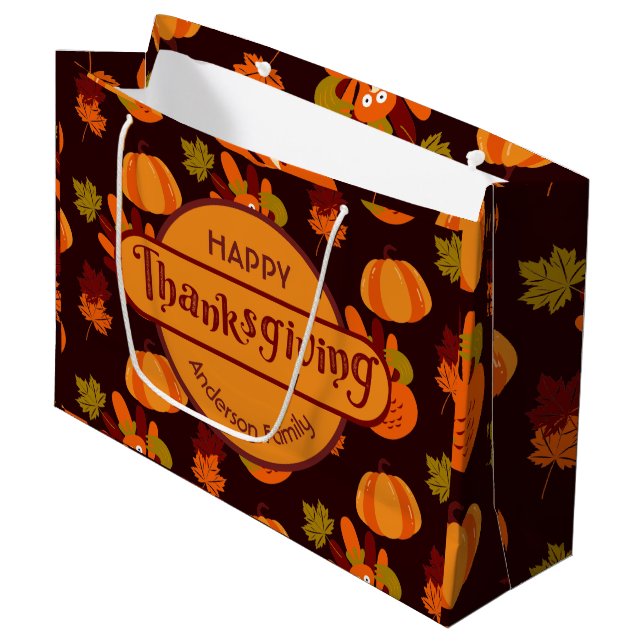Family Thanksgiving Autumn Leaves Turkey Pumpkin Large Gift Bag (Front Angled)