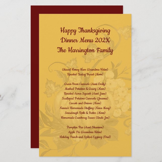 Family Thanksgiving Dinner Menu Keepsake  (Front/Back)